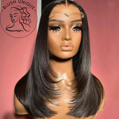 Perruque Lace Frontale droite , coupe dégradée HD, en dentelle synthétique pré-épilée sans colle pour femmes