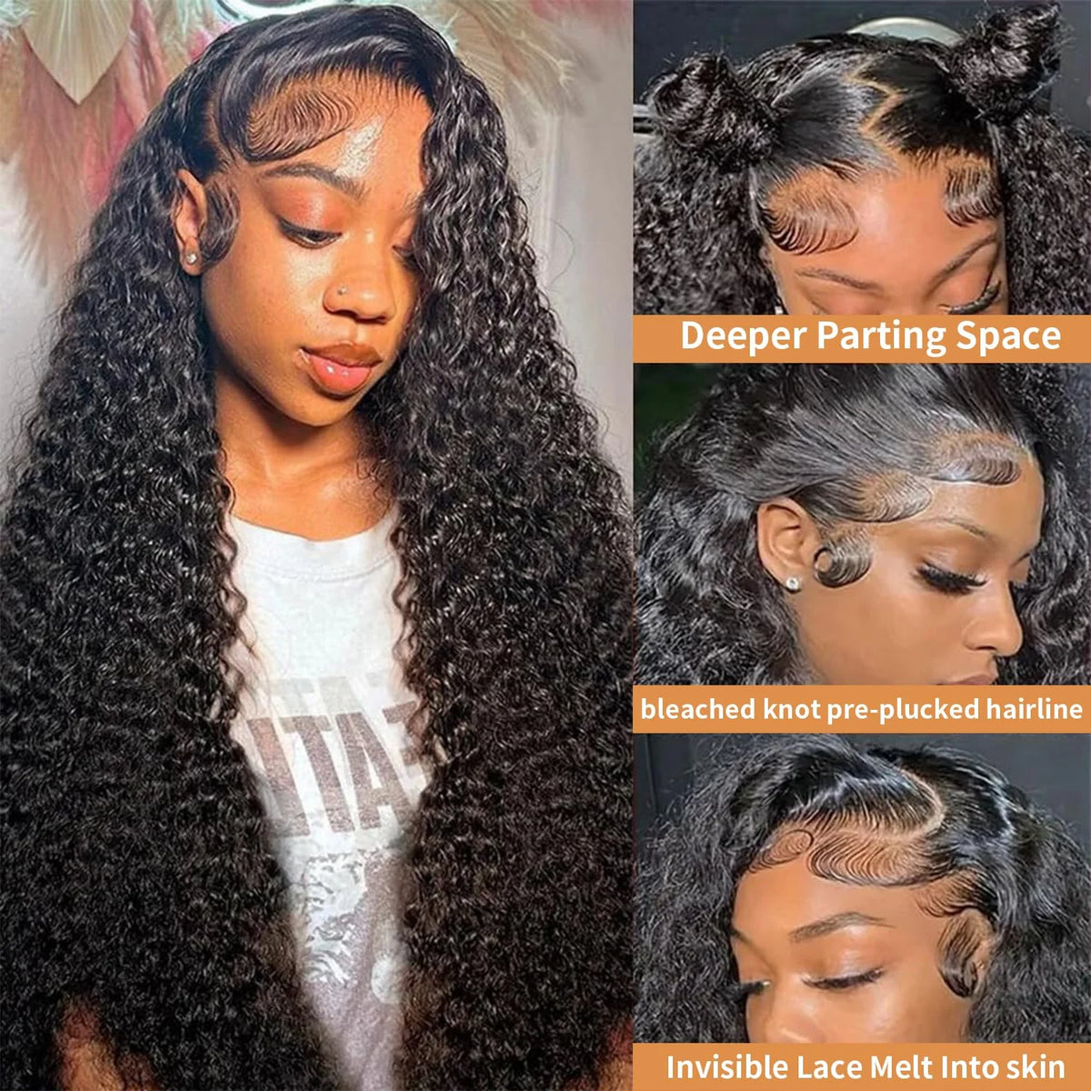 Perruque Lace Front en cheveux humains pour femme, boucles profondes, cheveux humains pré-épilés avec baby hair.
