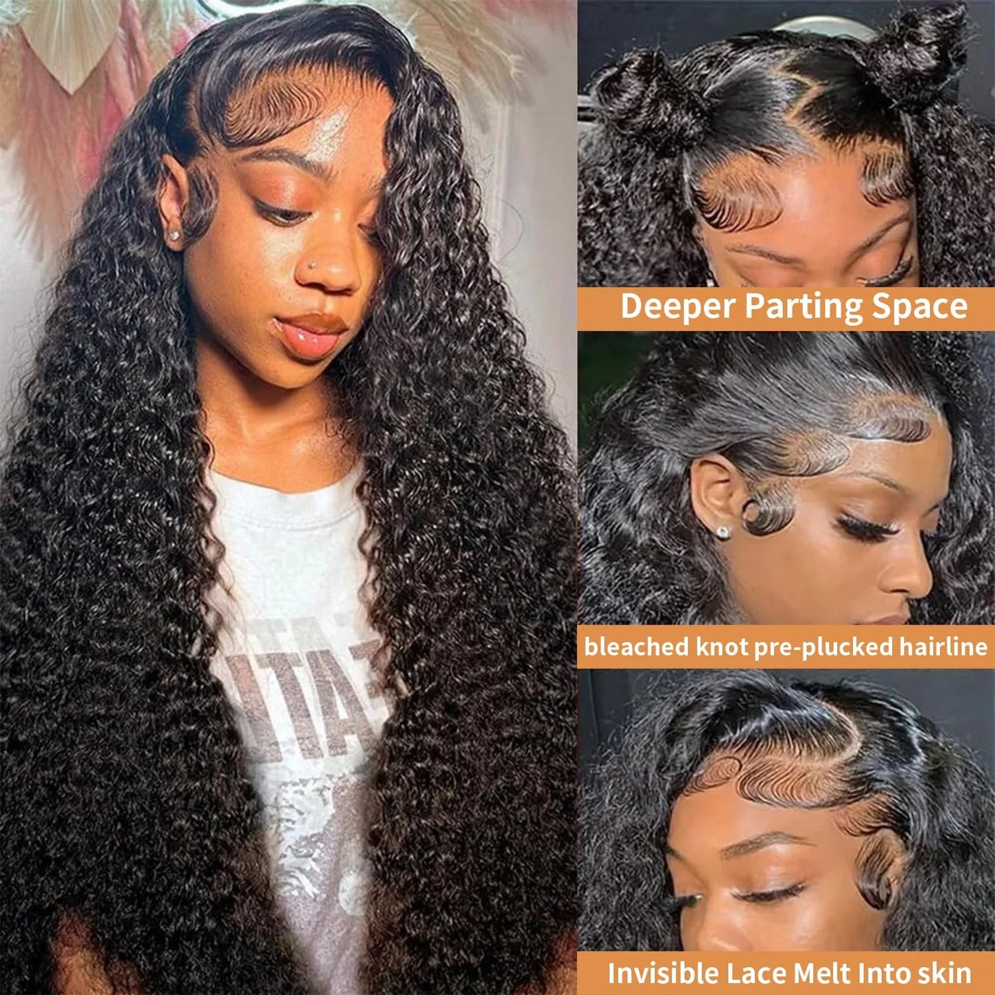 Perruque Lace Front en cheveux humains pour femme, boucles profondes, cheveux humains pré-épilés avec baby hair.