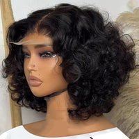 Perruque courte bob en cheveux humains ondulés, style body wave HD, sans colle, avec lace frontale transparente 13x4 pour femmes.