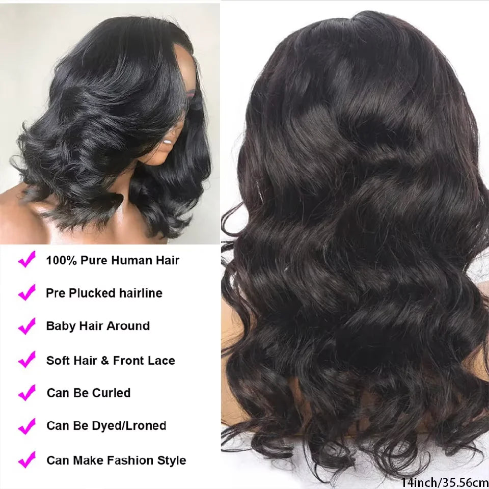 Perruque courte bob en cheveux humains ondulés, style body wave HD, sans colle, avec lace frontale transparente 13x4 pour femmes.