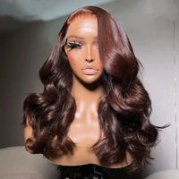 Perruque Lace Front transparente marron chocolat ondulée HD.