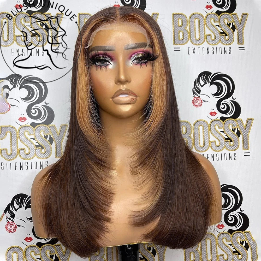 Perruque Lace Frontale droite , coupe dégradée HD, en dentelle synthétique pré-épilée sans colle pour femmes