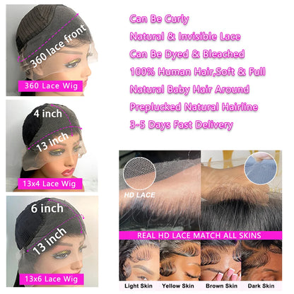 Perruque frontale en dentelle HD brésilienne , boucles profondes , cheveux humain 100%naturels pré - épilées