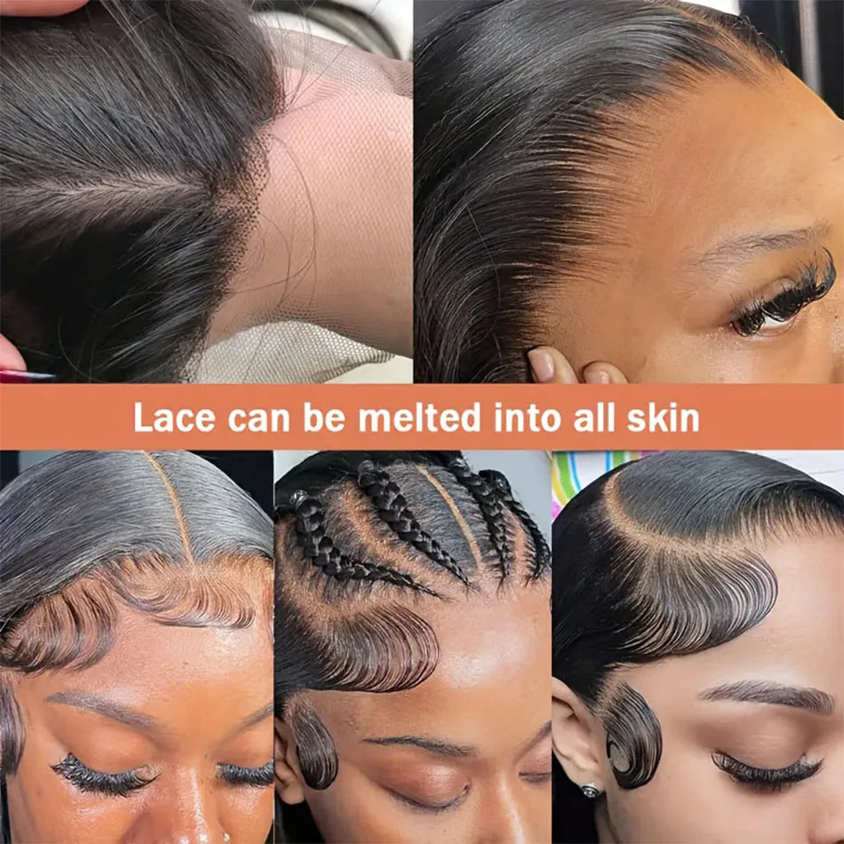 Perruque en cheveux humains, lisses noirs naturels avec lace frontale 360 transparente