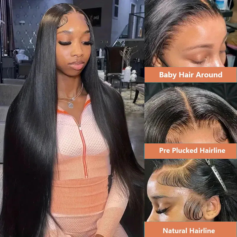 Perruque en cheveux humains, lisses noirs naturels avec lace frontale 360 transparente